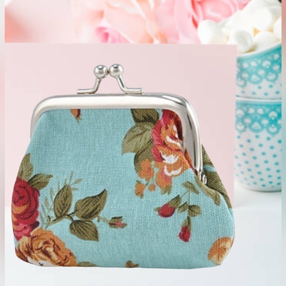 Purse Coin Bag French Kiss Clasp Storage Change Victorian Rose Floral Blue - Picture 2 of 16